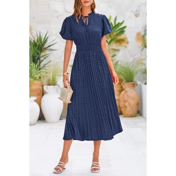 imagePRETTYGARDEN Womens Summer Midi Dresses Puff Short Sleeve V Neck Swiss Dot Pleated A Line Flowy Long Wedding Guest DressNavy