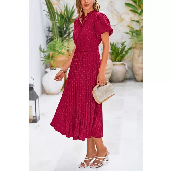 imagePRETTYGARDEN Womens Summer Midi Dresses Puff Short Sleeve V Neck Swiss Dot Pleated A Line Flowy Long Wedding Guest DressWine Red