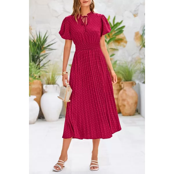 imagePRETTYGARDEN Womens Summer Midi Dresses Puff Short Sleeve V Neck Swiss Dot Pleated A Line Flowy Long Wedding Guest DressWine Red