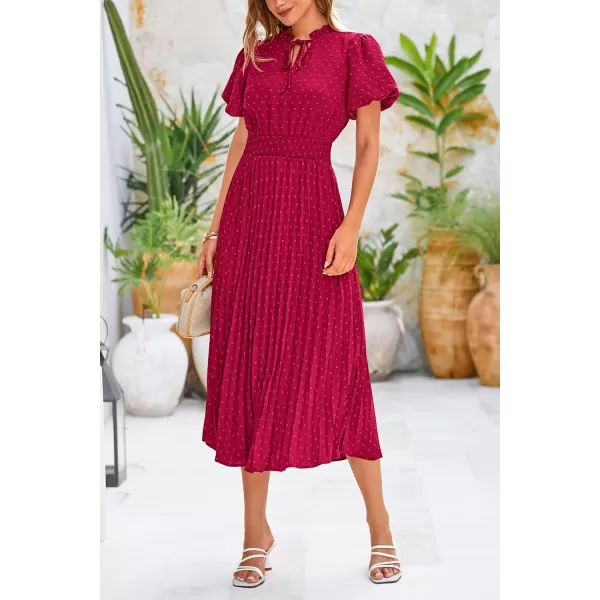 imagePRETTYGARDEN Womens Summer Midi Dresses Puff Short Sleeve V Neck Swiss Dot Pleated A Line Flowy Long Wedding Guest DressWine Red