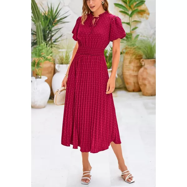 imagePRETTYGARDEN Womens Summer Midi Dresses Puff Short Sleeve V Neck Swiss Dot Pleated A Line Flowy Long Wedding Guest DressWine Red