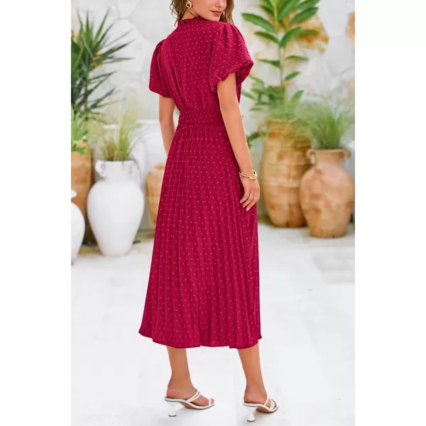 imagePRETTYGARDEN Womens Summer Midi Dresses Puff Short Sleeve V Neck Swiss Dot Pleated A Line Flowy Long Wedding Guest DressWine Red