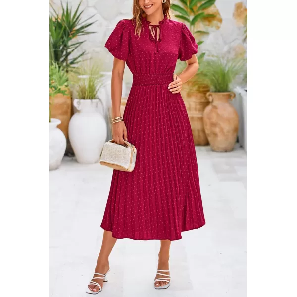 imagePRETTYGARDEN Womens Summer Midi Dresses Puff Short Sleeve V Neck Swiss Dot Pleated A Line Flowy Long Wedding Guest DressWine Red