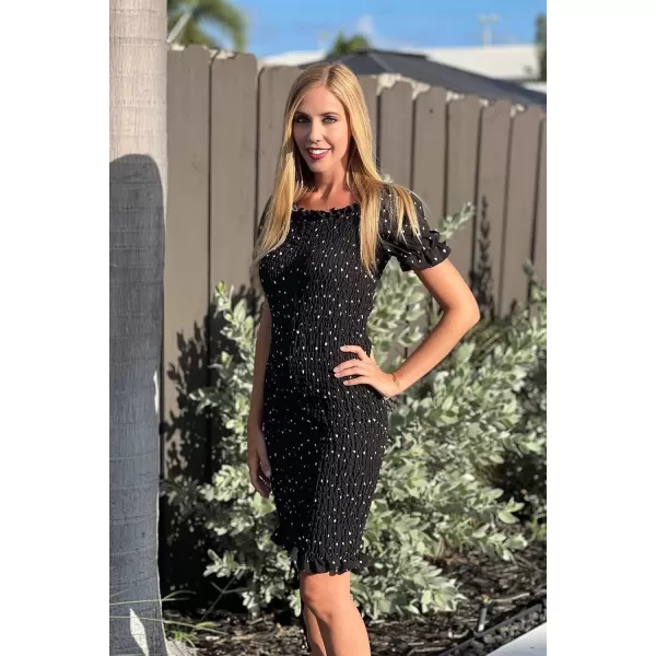 imagePRETTYGARDEN Womens Summer Off Shoulder Bodycon Dresses Short Sleeve Drawstring Sexy Mini Party Club Smocked DressBlack