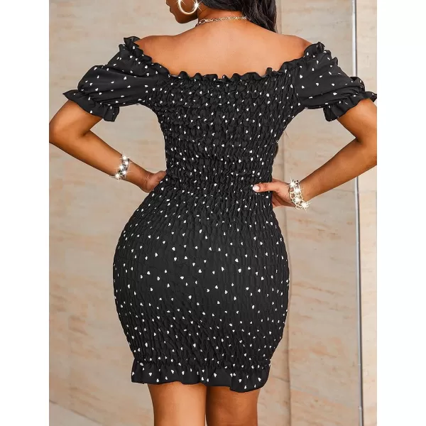 imagePRETTYGARDEN Womens Summer Off Shoulder Bodycon Dresses Short Sleeve Drawstring Sexy Mini Party Club Smocked DressBlack