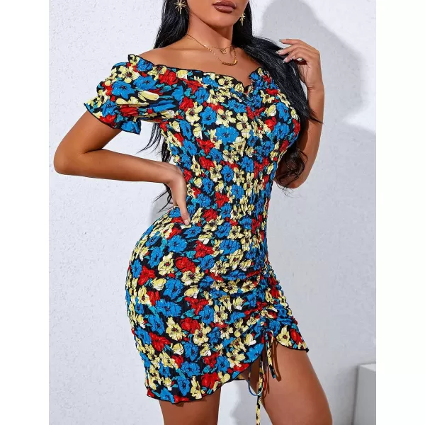 imagePRETTYGARDEN Womens Summer Off Shoulder Bodycon Dresses Short Sleeve Drawstring Sexy Mini Party Club Smocked DressBlack Blue