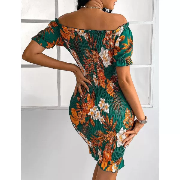 imagePRETTYGARDEN Womens Summer Off Shoulder Bodycon Dresses Short Sleeve Drawstring Sexy Mini Party Club Smocked DressDark Green