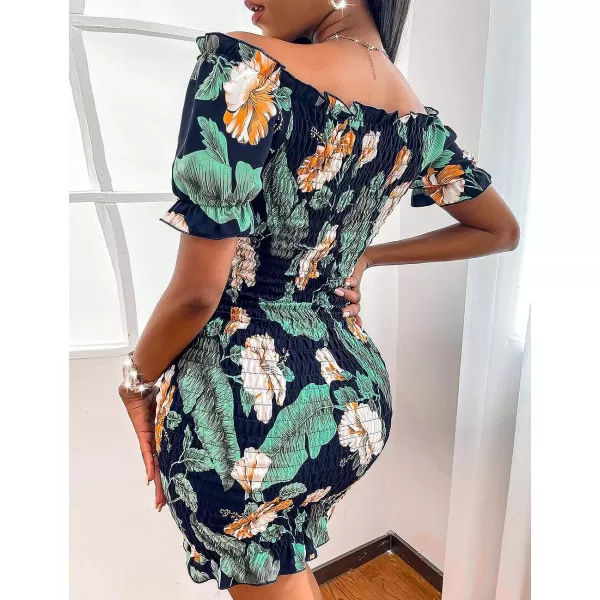 imagePRETTYGARDEN Womens Summer Off Shoulder Bodycon Dresses Short Sleeve Drawstring Sexy Mini Party Club Smocked DressNavy Green Leaf