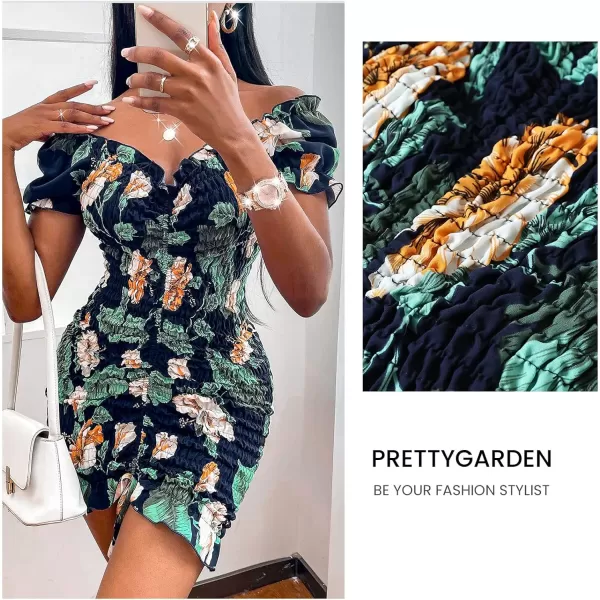 imagePRETTYGARDEN Womens Summer Off Shoulder Bodycon Dresses Short Sleeve Drawstring Sexy Mini Party Club Smocked DressNavy Green Leaf