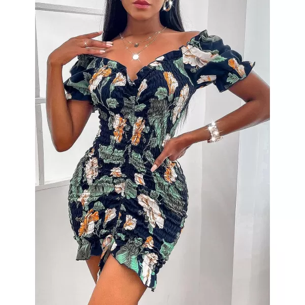 imagePRETTYGARDEN Womens Summer Off Shoulder Bodycon Dresses Short Sleeve Drawstring Sexy Mini Party Club Smocked DressNavy Green Leaf
