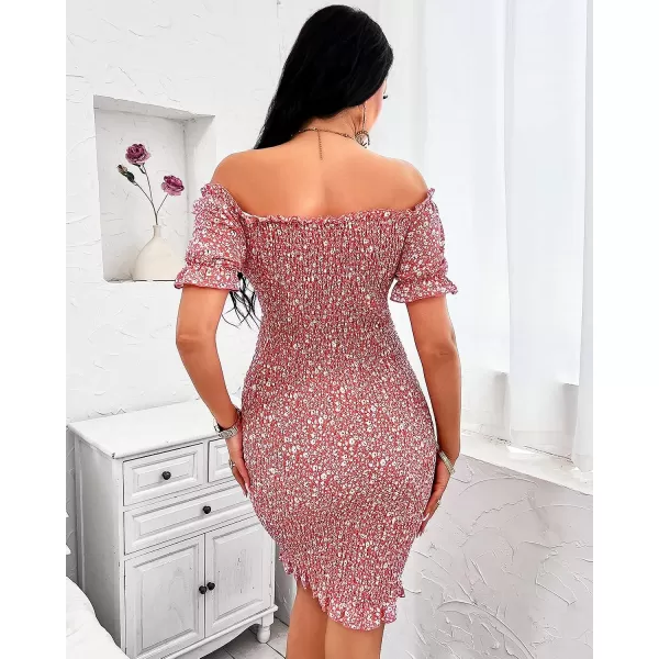 imagePRETTYGARDEN Womens Summer Off Shoulder Bodycon Dresses Short Sleeve Drawstring Sexy Mini Party Club Smocked DressPink
