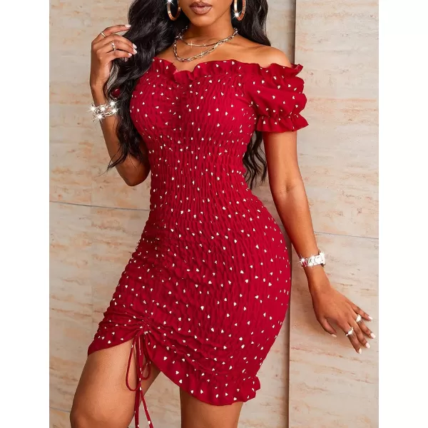 imagePRETTYGARDEN Womens Summer Off Shoulder Bodycon Dresses Short Sleeve Drawstring Sexy Mini Party Club Smocked DressRed