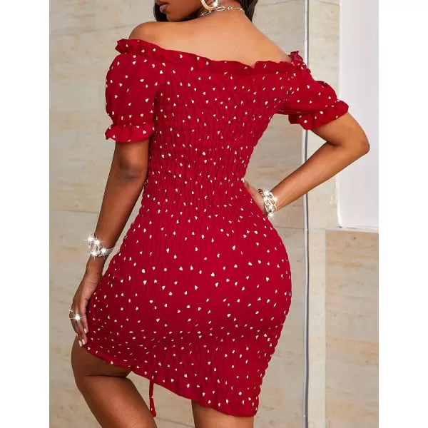 imagePRETTYGARDEN Womens Summer Off Shoulder Bodycon Dresses Short Sleeve Drawstring Sexy Mini Party Club Smocked DressRed