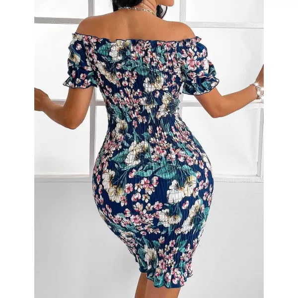 imagePRETTYGARDEN Womens Summer Off Shoulder Bodycon Dresses Short Sleeve Drawstring Sexy Mini Party Club Smocked DressRoyal Blue