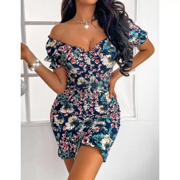 imagePRETTYGARDEN Womens Summer Off Shoulder Bodycon Dresses Short Sleeve Drawstring Sexy Mini Party Club Smocked DressRoyal Blue