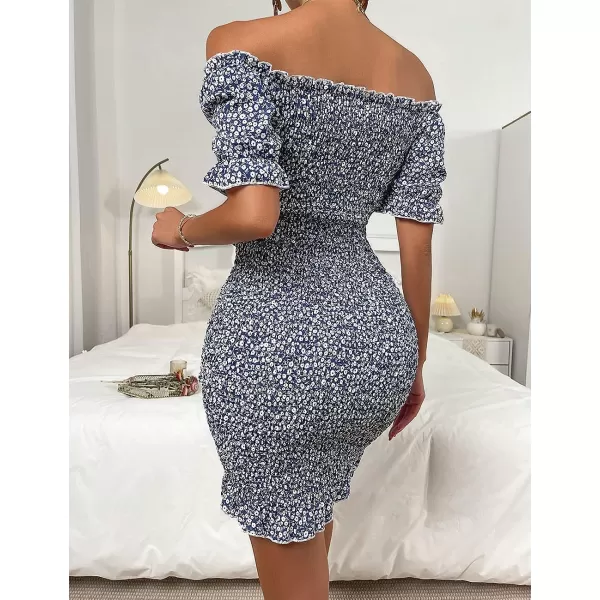 imagePRETTYGARDEN Womens Summer Off Shoulder Bodycon Dresses Short Sleeve Drawstring Sexy Mini Party Club Smocked DressRoyal Blue White Floral