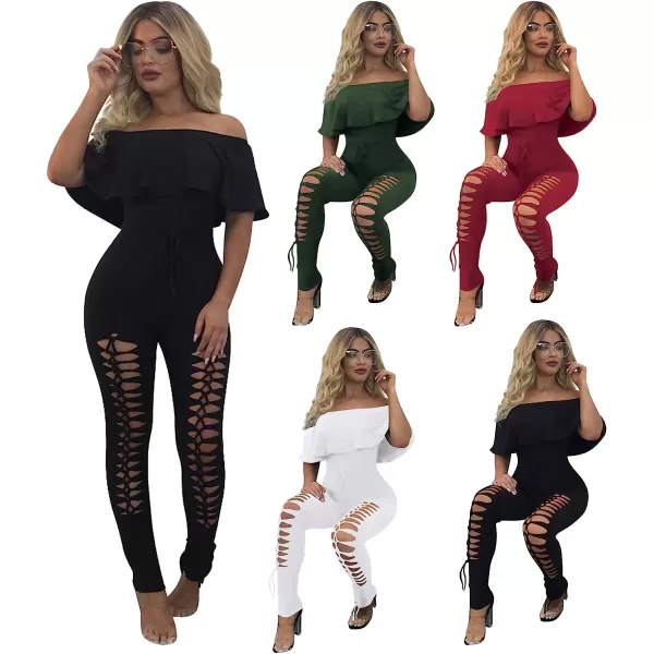 imagePRETTYGARDEN Womens Summer Off Shoulder Bodycon Jumpsuit Rompers Ruffle Sleeve Hollow Out Sexy Club OutfitsBlack