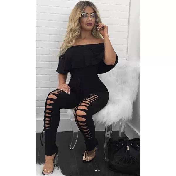 imagePRETTYGARDEN Womens Summer Off Shoulder Bodycon Jumpsuit Rompers Ruffle Sleeve Hollow Out Sexy Club OutfitsBlack