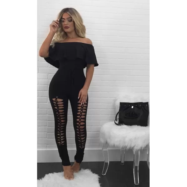 imagePRETTYGARDEN Womens Summer Off Shoulder Bodycon Jumpsuit Rompers Ruffle Sleeve Hollow Out Sexy Club OutfitsBlack