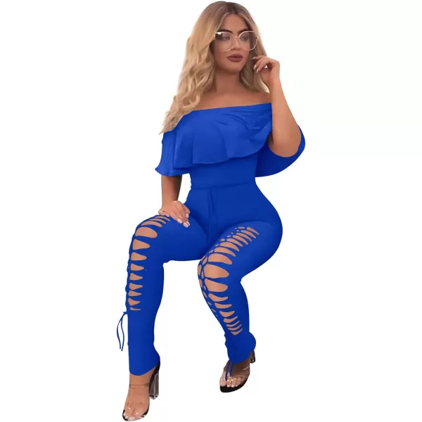 imagePRETTYGARDEN Womens Summer Off Shoulder Bodycon Jumpsuit Rompers Ruffle Sleeve Hollow Out Sexy Club OutfitsBlue