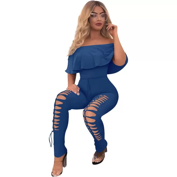 imagePRETTYGARDEN Womens Summer Off Shoulder Bodycon Jumpsuit Rompers Ruffle Sleeve Hollow Out Sexy Club OutfitsDark Blue