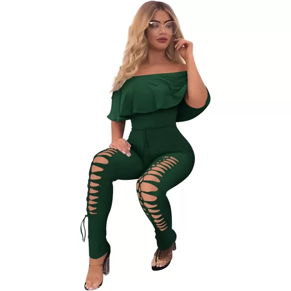 imagePRETTYGARDEN Womens Summer Off Shoulder Bodycon Jumpsuit Rompers Ruffle Sleeve Hollow Out Sexy Club OutfitsDark Green