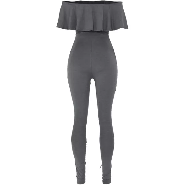 imagePRETTYGARDEN Womens Summer Off Shoulder Bodycon Jumpsuit Rompers Ruffle Sleeve Hollow Out Sexy Club OutfitsDark Grey
