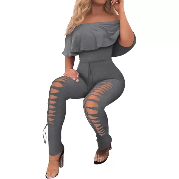 imagePRETTYGARDEN Womens Summer Off Shoulder Bodycon Jumpsuit Rompers Ruffle Sleeve Hollow Out Sexy Club OutfitsDark Grey