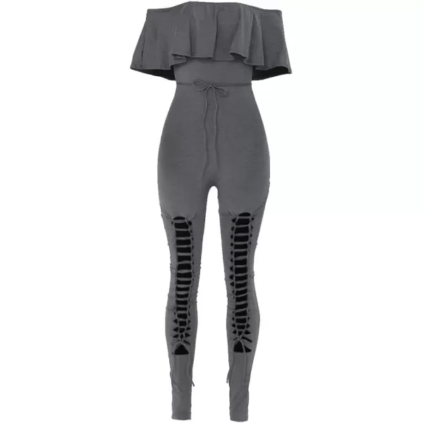 imagePRETTYGARDEN Womens Summer Off Shoulder Bodycon Jumpsuit Rompers Ruffle Sleeve Hollow Out Sexy Club OutfitsDark Grey