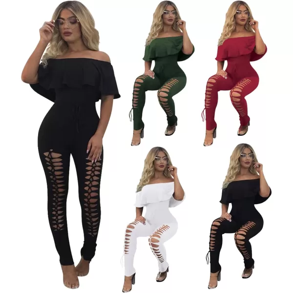 imagePRETTYGARDEN Womens Summer Off Shoulder Bodycon Jumpsuit Rompers Ruffle Sleeve Hollow Out Sexy Club OutfitsGreen