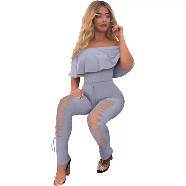 imagePRETTYGARDEN Womens Summer Off Shoulder Bodycon Jumpsuit Rompers Ruffle Sleeve Hollow Out Sexy Club OutfitsLight Grey