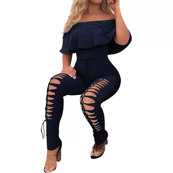 imagePRETTYGARDEN Womens Summer Off Shoulder Bodycon Jumpsuit Rompers Ruffle Sleeve Hollow Out Sexy Club OutfitsNavy