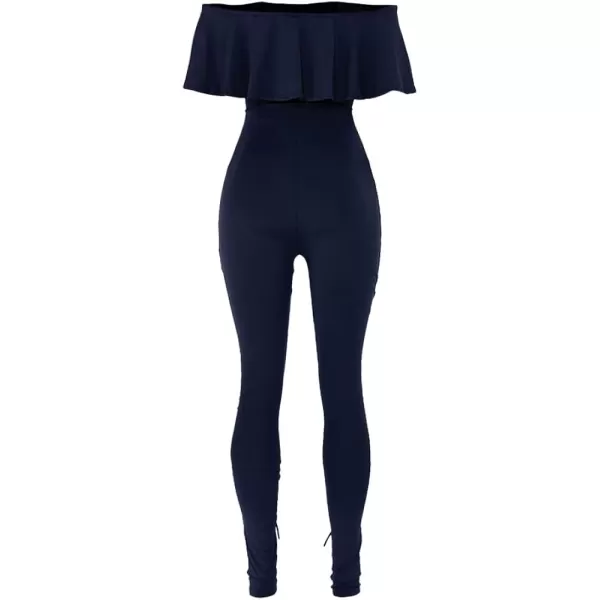 imagePRETTYGARDEN Womens Summer Off Shoulder Bodycon Jumpsuit Rompers Ruffle Sleeve Hollow Out Sexy Club OutfitsNavy