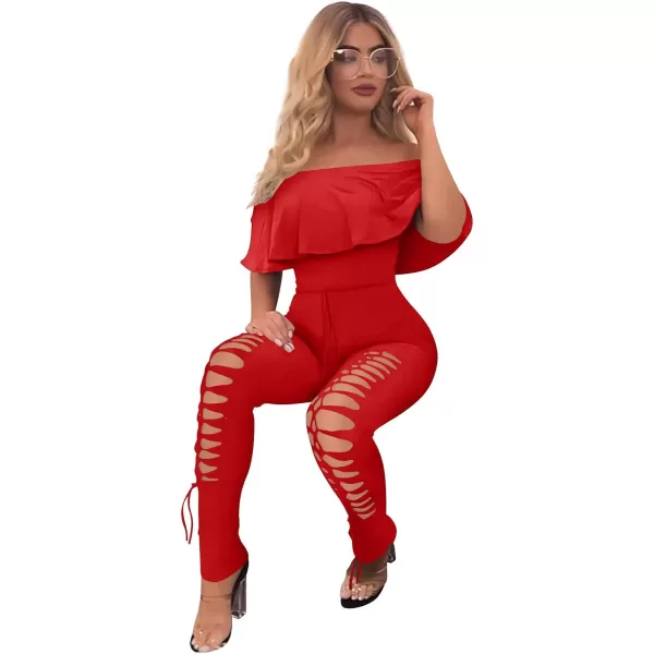 imagePRETTYGARDEN Womens Summer Off Shoulder Bodycon Jumpsuit Rompers Ruffle Sleeve Hollow Out Sexy Club OutfitsRed