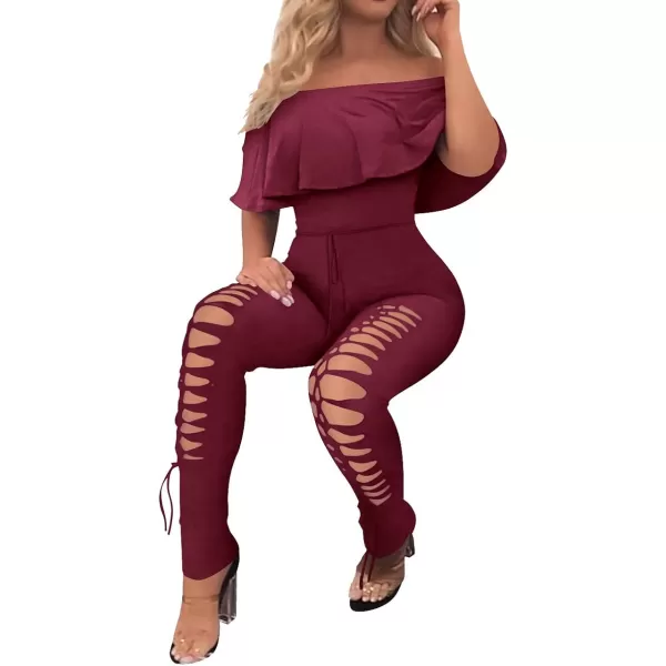 imagePRETTYGARDEN Womens Summer Off Shoulder Bodycon Jumpsuit Rompers Ruffle Sleeve Hollow Out Sexy Club OutfitsWine Red