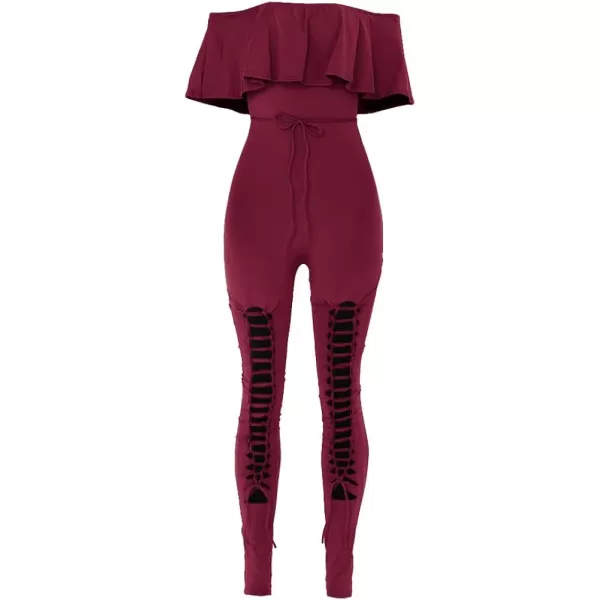 imagePRETTYGARDEN Womens Summer Off Shoulder Bodycon Jumpsuit Rompers Ruffle Sleeve Hollow Out Sexy Club OutfitsWine Red