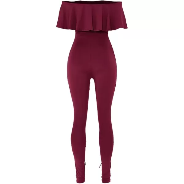imagePRETTYGARDEN Womens Summer Off Shoulder Bodycon Jumpsuit Rompers Ruffle Sleeve Hollow Out Sexy Club OutfitsWine Red