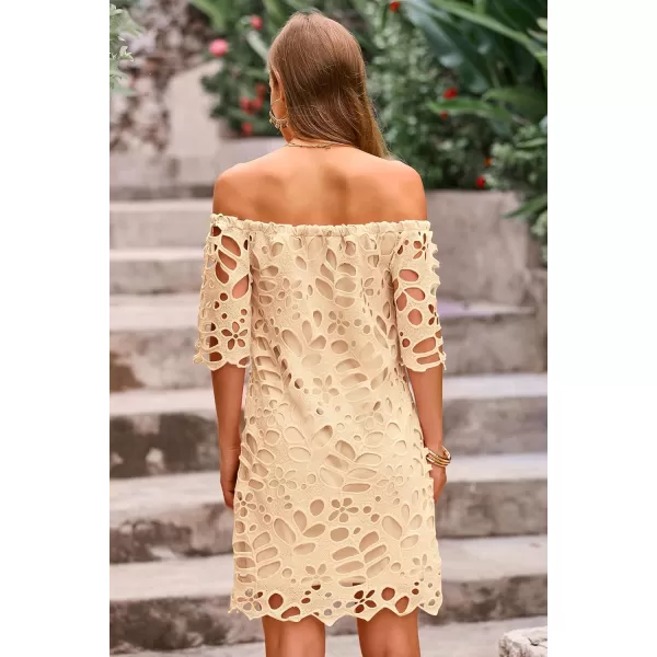 imagePRETTYGARDEN Womens Summer Off Shoulder Vintage Floral Lace Flare Short Sleeve Loose Elegant Mini DressApricot