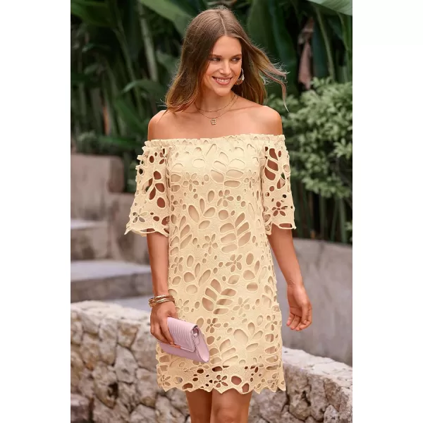 imagePRETTYGARDEN Womens Summer Off Shoulder Vintage Floral Lace Flare Short Sleeve Loose Elegant Mini DressApricot