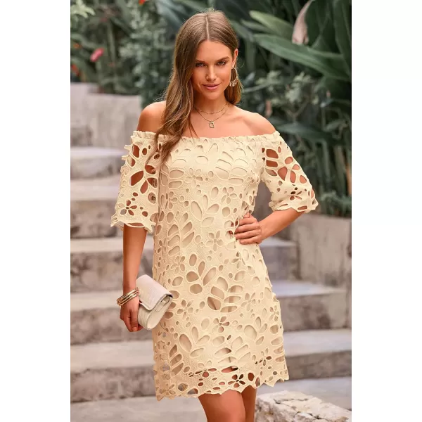 imagePRETTYGARDEN Womens Summer Off Shoulder Vintage Floral Lace Flare Short Sleeve Loose Elegant Mini DressApricot