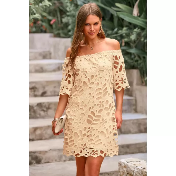imagePRETTYGARDEN Womens Summer Off Shoulder Vintage Floral Lace Flare Short Sleeve Loose Elegant Mini DressApricot
