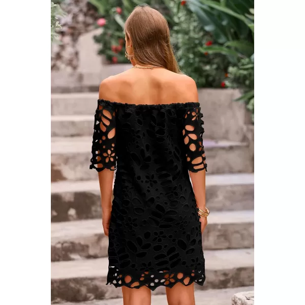 imagePRETTYGARDEN Womens Summer Off Shoulder Vintage Floral Lace Flare Short Sleeve Loose Elegant Mini DressBlack