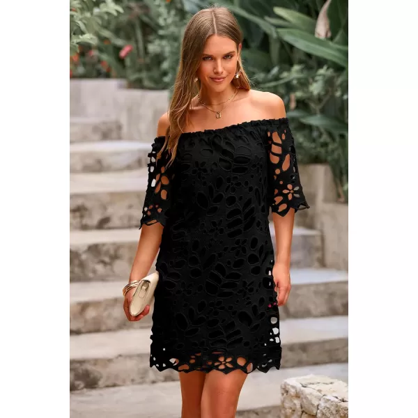 imagePRETTYGARDEN Womens Summer Off Shoulder Vintage Floral Lace Flare Short Sleeve Loose Elegant Mini DressBlack