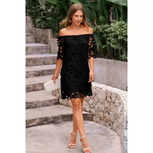 imagePRETTYGARDEN Womens Summer Off Shoulder Vintage Floral Lace Flare Short Sleeve Loose Elegant Mini DressBlack