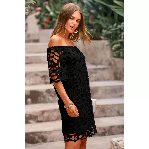 imagePRETTYGARDEN Womens Summer Off Shoulder Vintage Floral Lace Flare Short Sleeve Loose Elegant Mini DressBlack