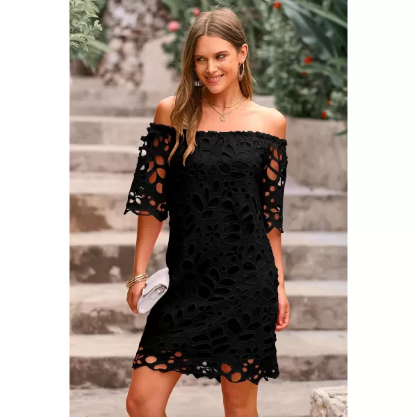 imagePRETTYGARDEN Womens Summer Off Shoulder Vintage Floral Lace Flare Short Sleeve Loose Elegant Mini DressBlack