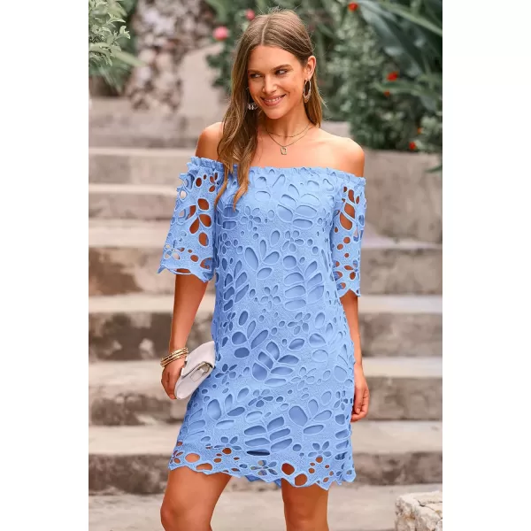 imagePRETTYGARDEN Womens Summer Off Shoulder Vintage Floral Lace Flare Short Sleeve Loose Elegant Mini DressBlue