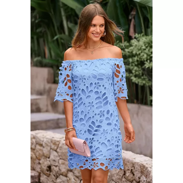 imagePRETTYGARDEN Womens Summer Off Shoulder Vintage Floral Lace Flare Short Sleeve Loose Elegant Mini DressBlue