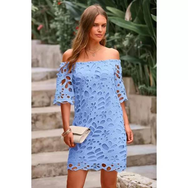 imagePRETTYGARDEN Womens Summer Off Shoulder Vintage Floral Lace Flare Short Sleeve Loose Elegant Mini DressBlue