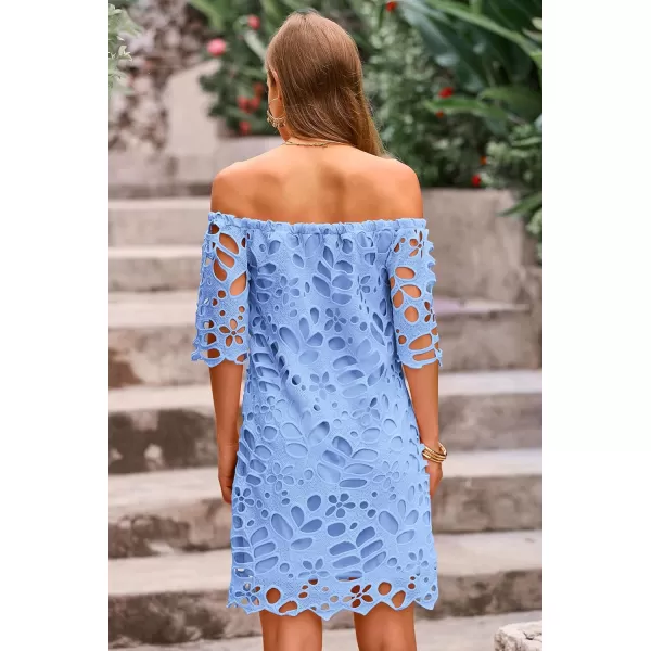 imagePRETTYGARDEN Womens Summer Off Shoulder Vintage Floral Lace Flare Short Sleeve Loose Elegant Mini DressBlue